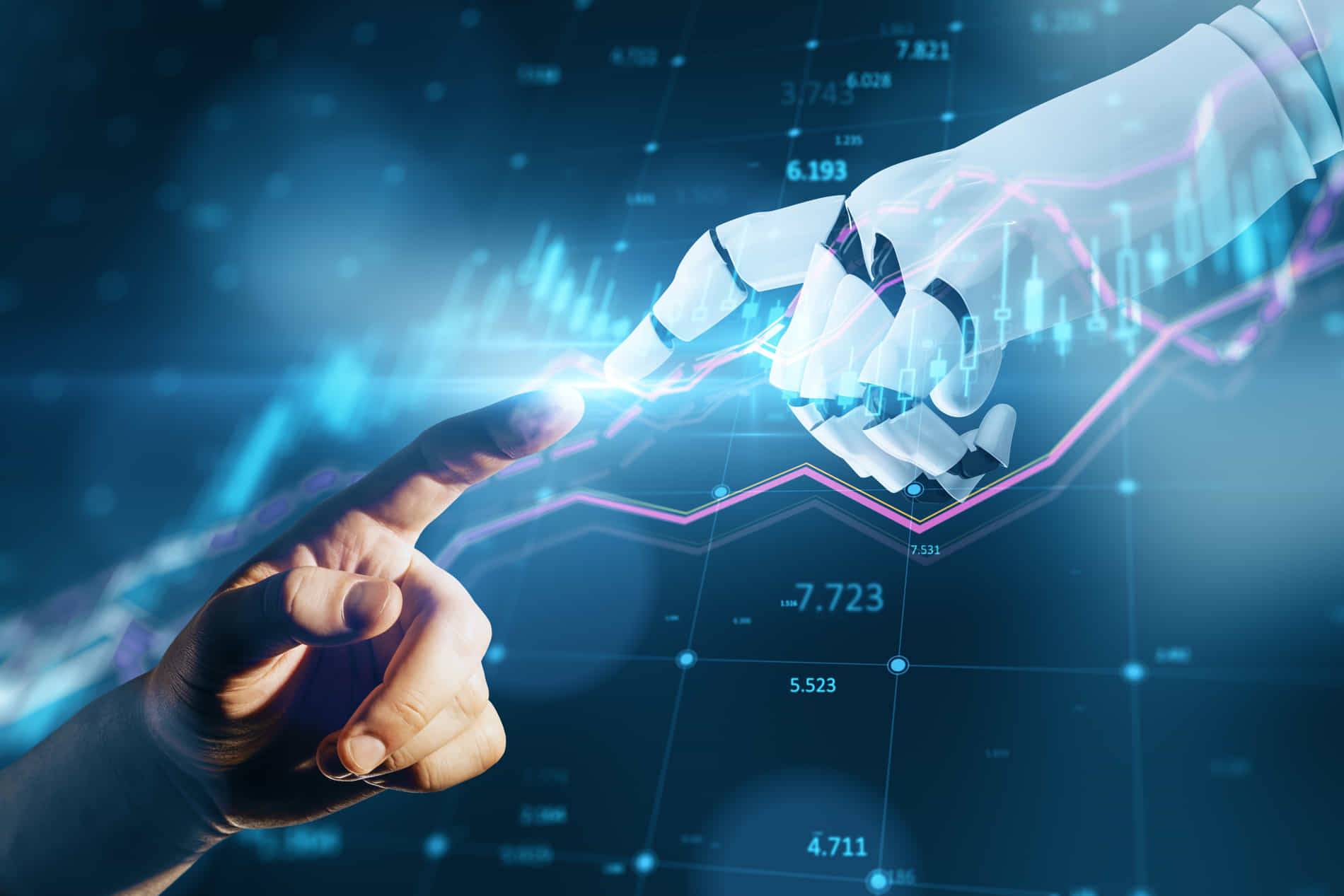 Mano humana y mano robótica conectándose frente a datos financieros — automatización empresarial con inteligencia artificial